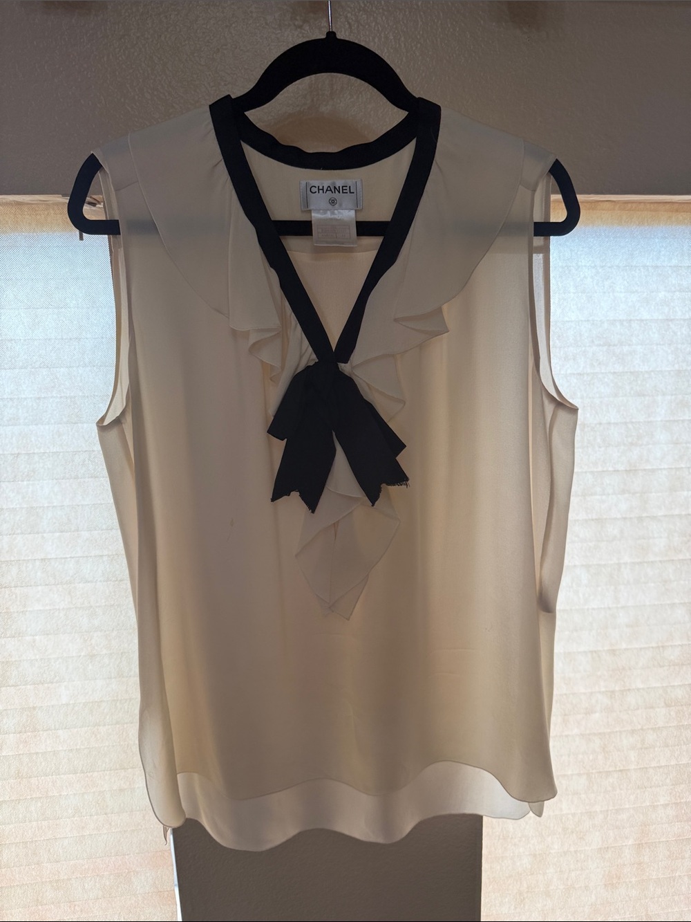 CHANEL Cream Sleeveless Vintage  Ruffled Blouse with Black Bow